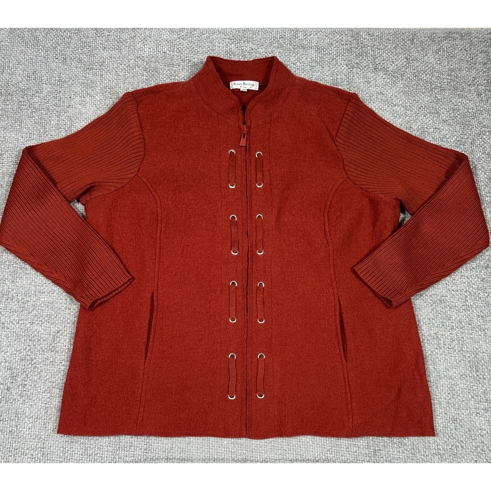 Susan Bristol Sweater Womens 3X Red Wool Blend Zip Front‎ Knit Jacket
